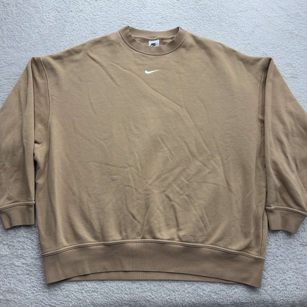 Nike Womens Oversized Crewneck Sweatshirt Tan Khaki Center Swoosh XS DJ7665-247